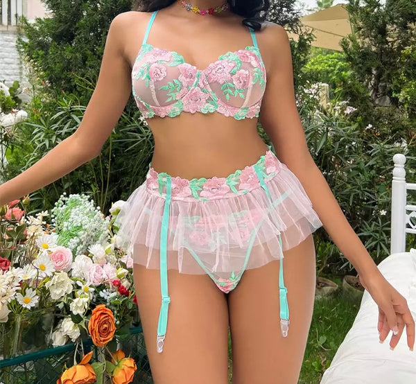 Women Sexy Floral Mesh G-String Lingerie Set