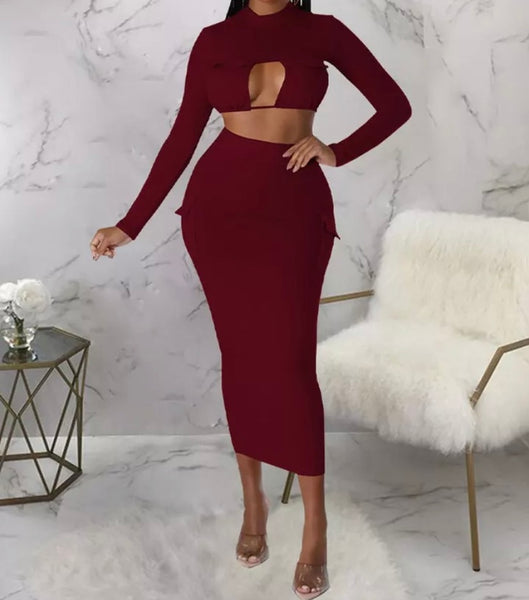 Women Sexy Full Sleeve Tie Up Open Back Two Piece Maxi Skirt Set