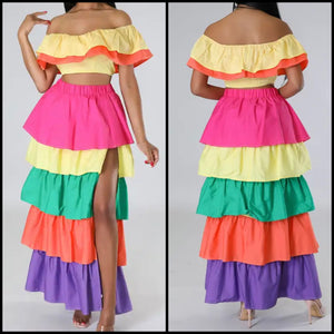 Women Colorful Ruffled Off The Shoulder Two Piece Maxi Skirt Set