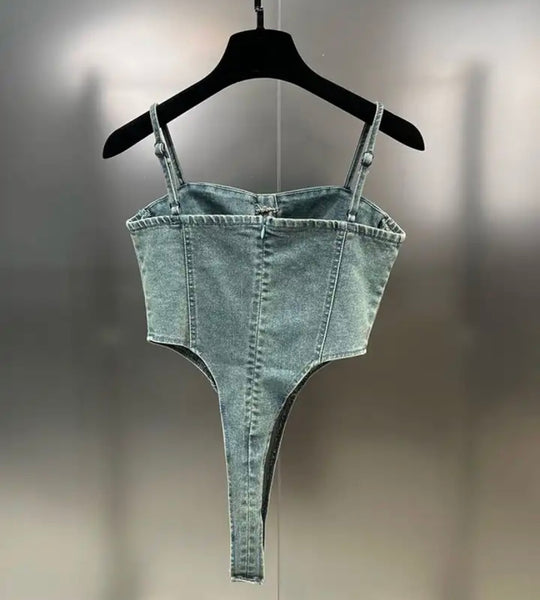 Women Sexy Sleeveless Denim Bodysuit Top