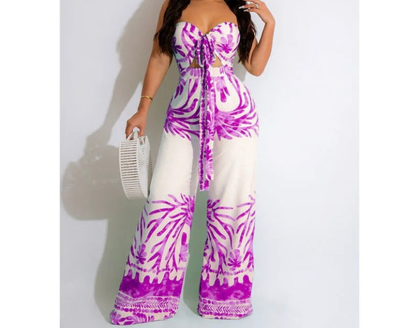 Women Printed Strapless Tie Up Jumpsuit