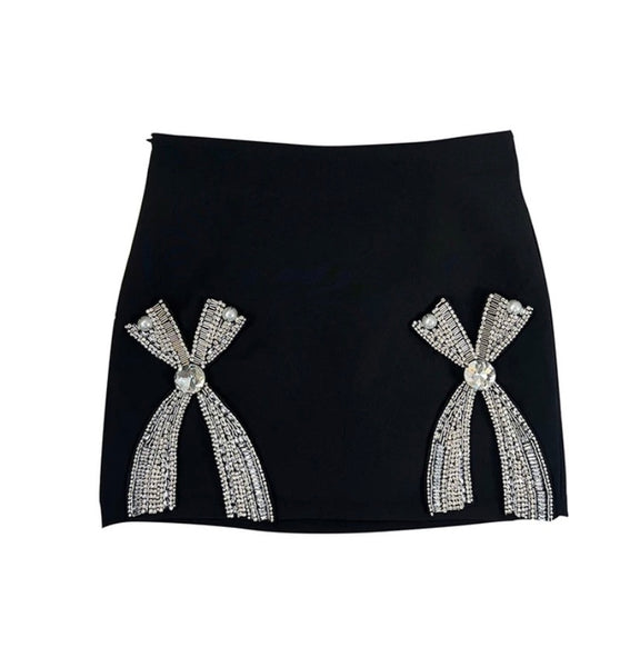 Women Rhinestone Bow Black Sexy Skirt