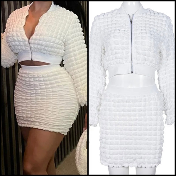 Women White Sexy Zipper Full Sleeve Two Piece Skirt Set