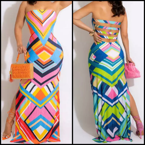 Women Sexy Strapless Colorful Print Side Split Maxi Dress