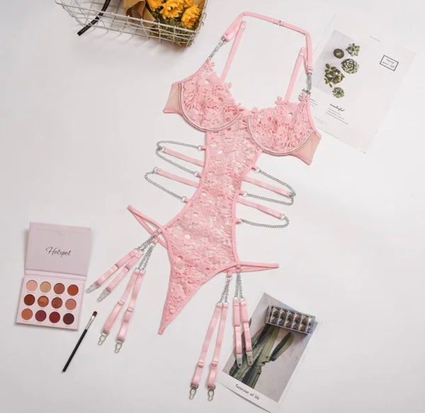 Women Pink Sexy Lace Chain Bodysuit Lingerie