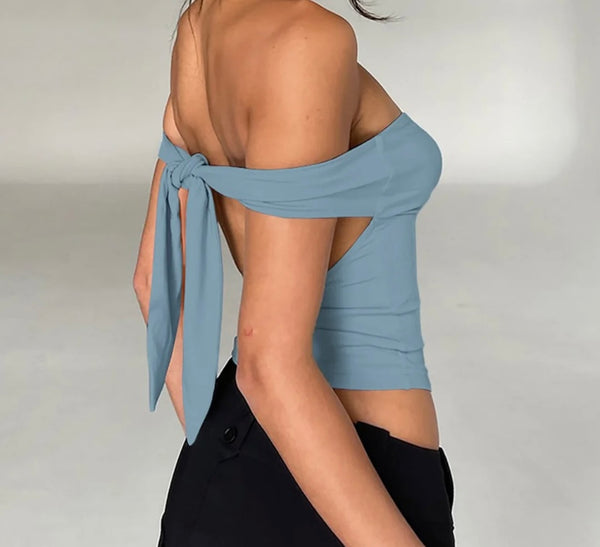 Women Sexy Off The Shoulder Tie Up Open Back Crop Top