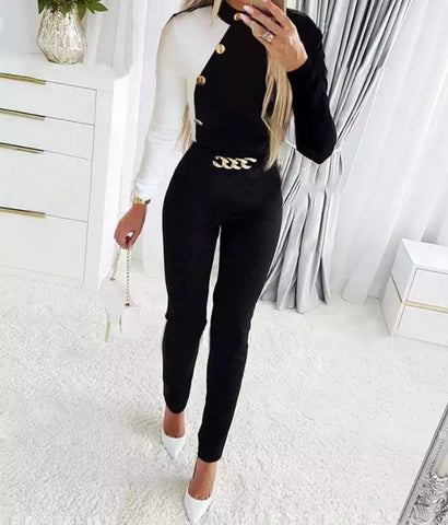 Women Fashion Full Sleeve B&W Chain Two Piece Pant Set