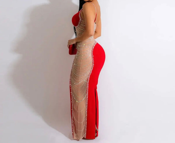 Women Sexy Sleeveless One Shoulder Bling Mesh Patchwork Maxi Dress