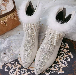 Women Pearl Beaded Faux Fur Suede Ankle Boots