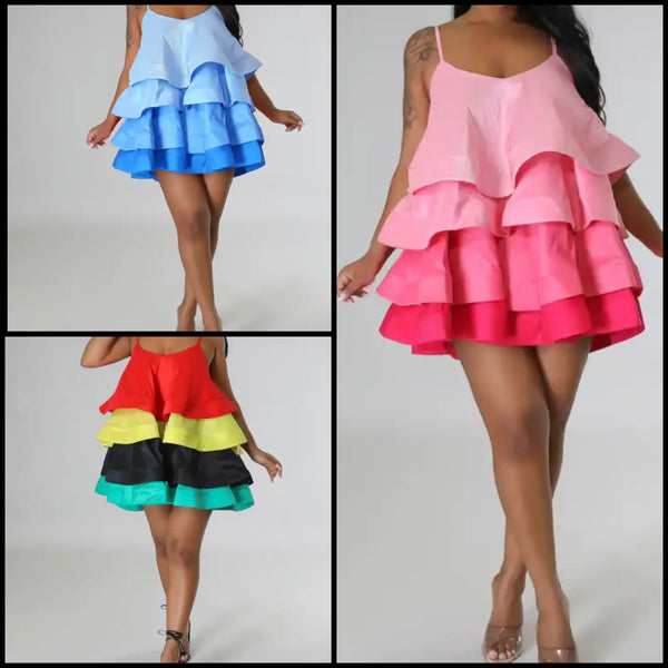 Women Sexy Sleeveless Color Patchwork Ruffled Dress