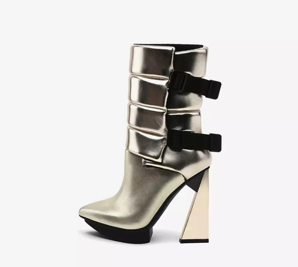 Women Fashion Buckled Pointed Toe Ankle Boots