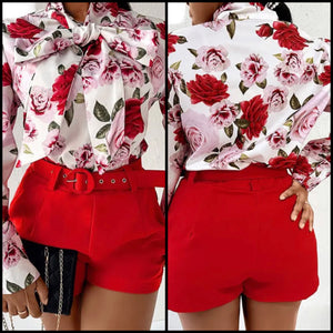 Women Fashion Floral Full Sleeve Red Two Piece Short Set