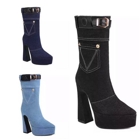 Women Fashion Buckled Denim Pocket Platform Ankle Boots