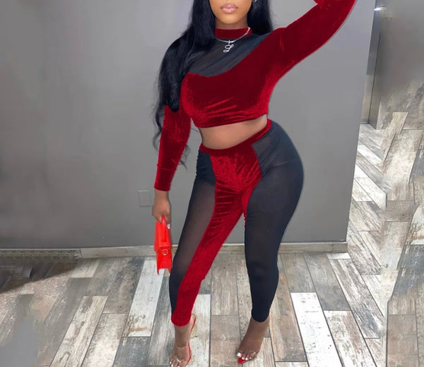 Women Velour Mesh Patchwork Sexy Two Piece Pant Set