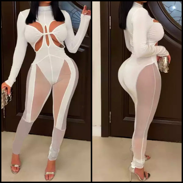 Women Solid Color Mesh Patchwork Sexy Full Sleeve Jumpsuit
