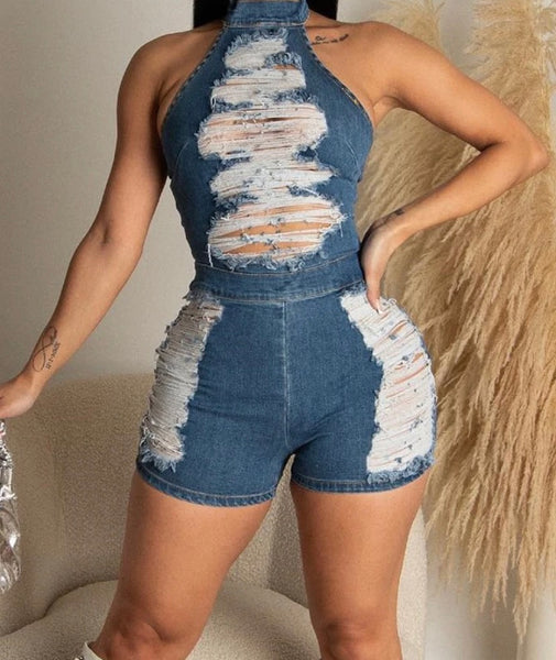 Women Fashion Ripped Halter Sleeveless Denim Romper