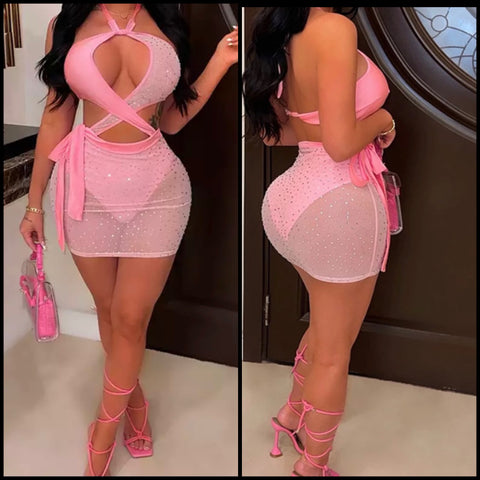 Women Sexy Pink Bling Mesh Patchwork Halter Dress