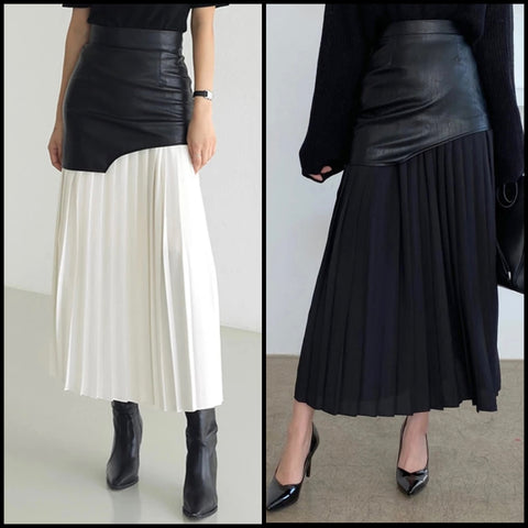 Women Fashion Faux Leather Pleated Maxi Skirt