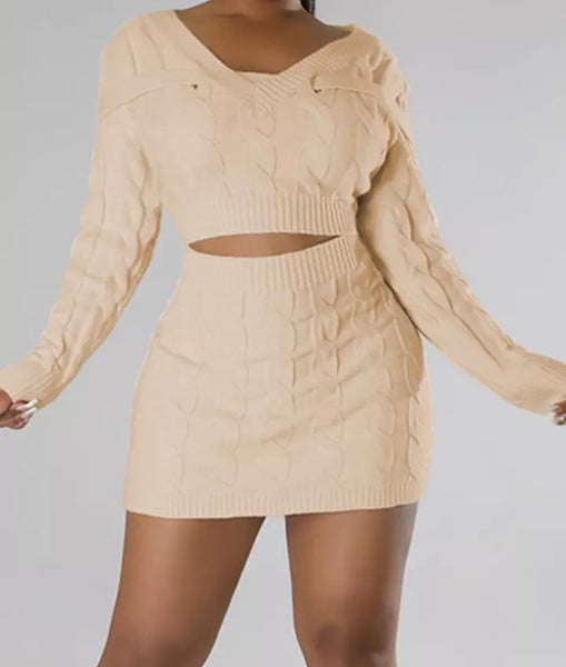 Women Sexy Warm Full Sleeve Crop Two Piece Skirt Set
