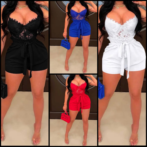 Women Lace Patchwork Tie Up Sexy Sleeveless Romper