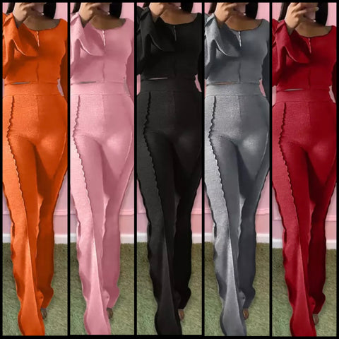 Women Full Sleeve Fashion Solid Color Two Piece Pant Set