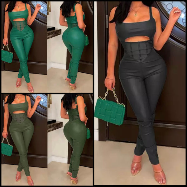 Women Sexy Sleeveless PU Fashion Jumpsuit