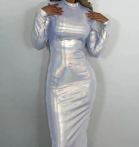 Women Sexy Silver Full Sleeve Maxi Dress
