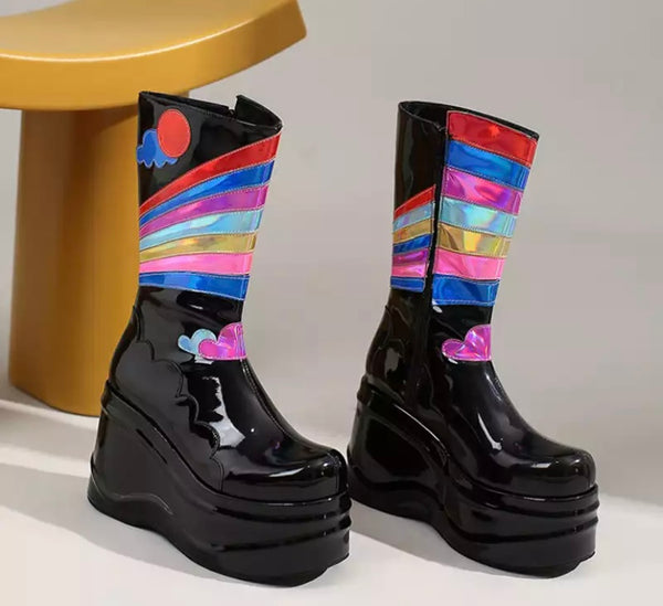 Women Patent Leather Platform Rainbow Boots