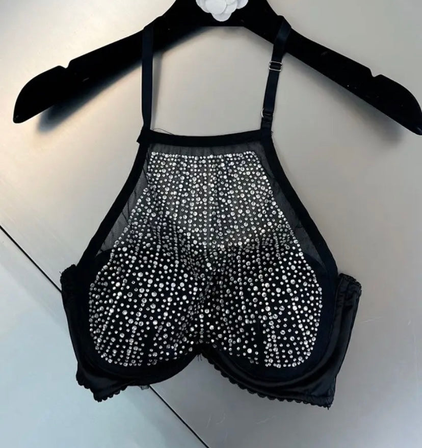 Women Halter Bling Mesh Sexy Crop Top