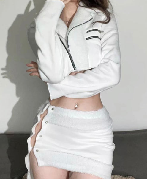 Women Fashion White Crop Jacket Two Piece Skirt Set