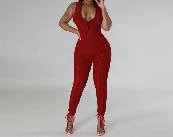 Women Fashion Sleeveless Lace Up Ribbed Jumpsuit