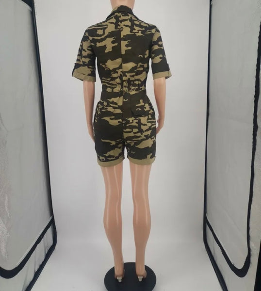 Women Fashion Button Up Short Sleeve Camouflage Romper