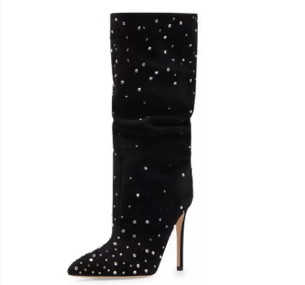 Women Rhinestone Pointed Toe High Heel Boots