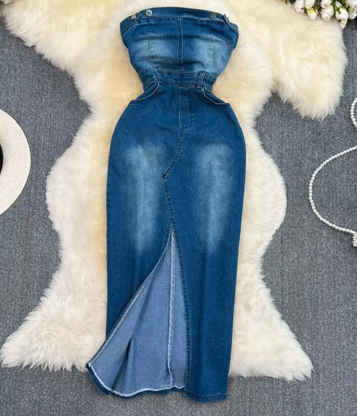 Women Strapless Front Slit Sexy Denim Maxi Dress