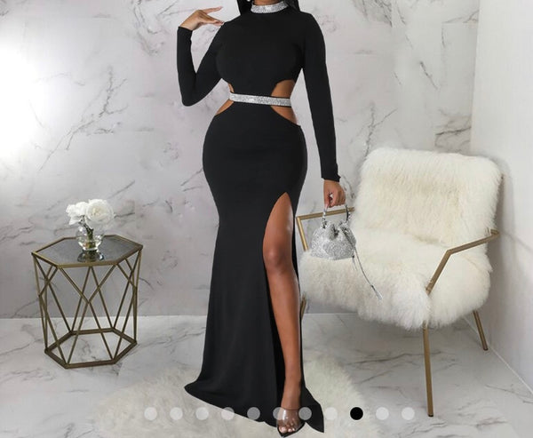 Women Sexy Bling Patchwork Full Sleeve Cut Out Maxi Dress