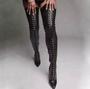 Women Fashion Black Lace Up Thigh High Boots