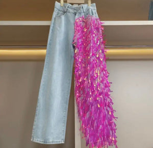 Women Fashion Pink Tassel Patchwork Denim Pants
