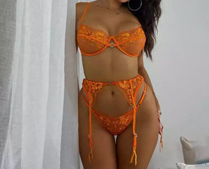 Women Orange Sexy Lace Three Piece Lingerie Set