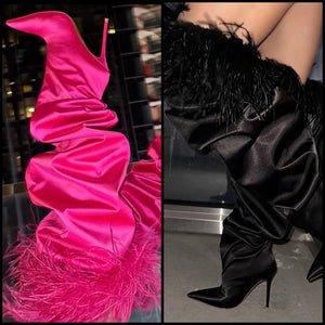 Women Fashion Feather Ruched Knee High Boots