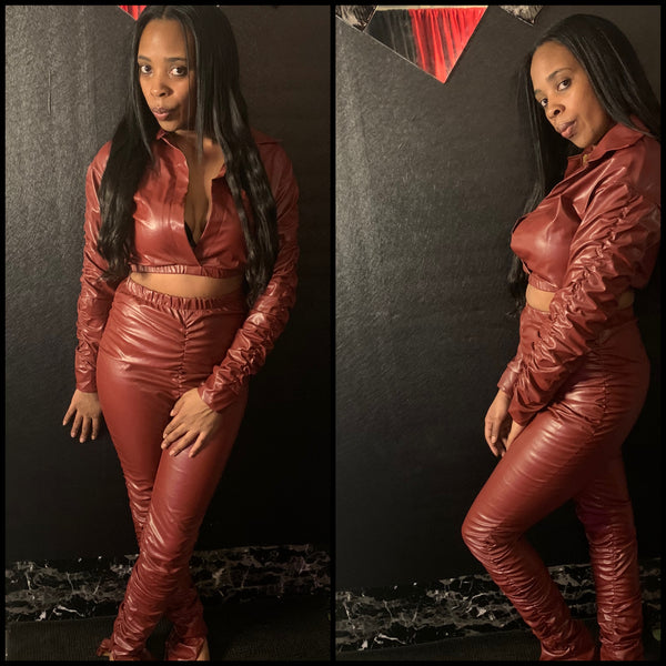 Women Fashion Faux Leather Two Piece Sexy Pant Set