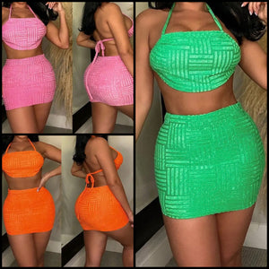 Women Halter Sexy Crop Two Piece Skirt Set