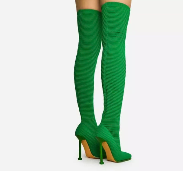 Women Fashion Ribbed Sock Knee-High Boots