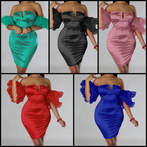 Women Sexy Satin Ruffled Puff Sleeve Off The Shoulder Dress