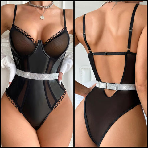 Women Black Sexy Bling Mesh Bodysuit Lingerie