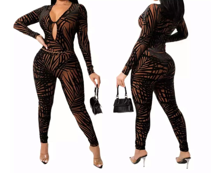 Women Sexy Two Piece Printed Cut Out Crop Pant Set