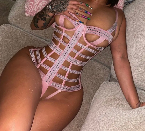 Women Pink Sexy Bling Hollow Out Bodysuit Lingerie