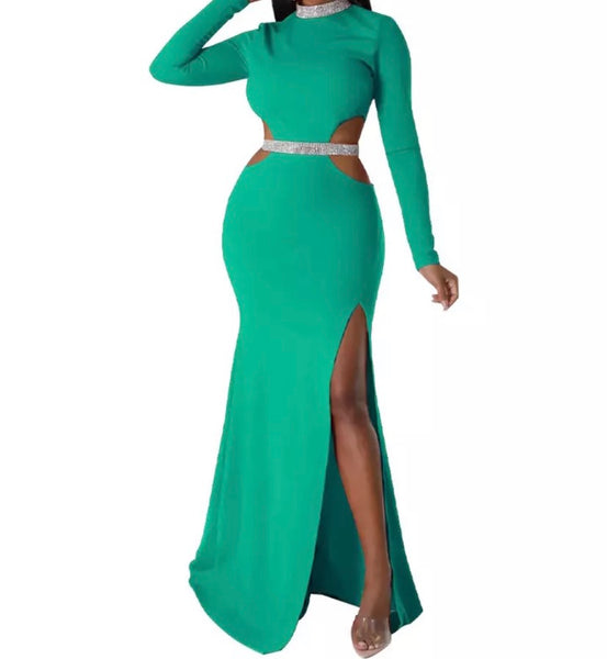 Women Sexy Bling Patchwork Full Sleeve Cut Out Maxi Dress