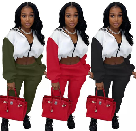 Women Color Patchwork Fashion Tracksuit Two Piece Pant Set