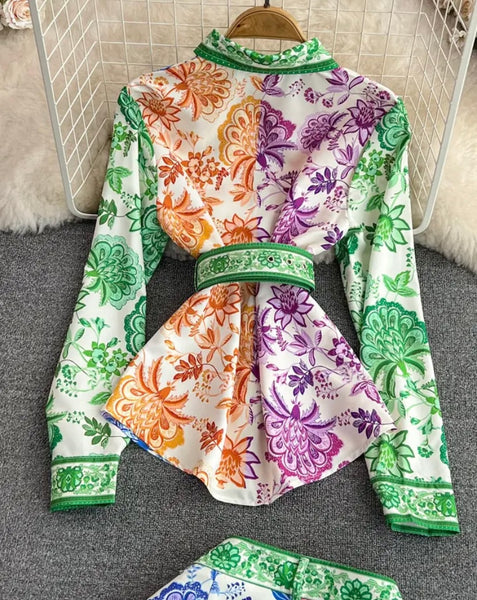 Women Multicolored Print Button Up Belted Full Sleeve Two Piece Short Set