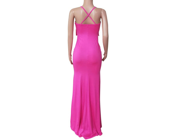 Women Sexy Spaghetti Strap Tassel Solid Color Maxi Dress